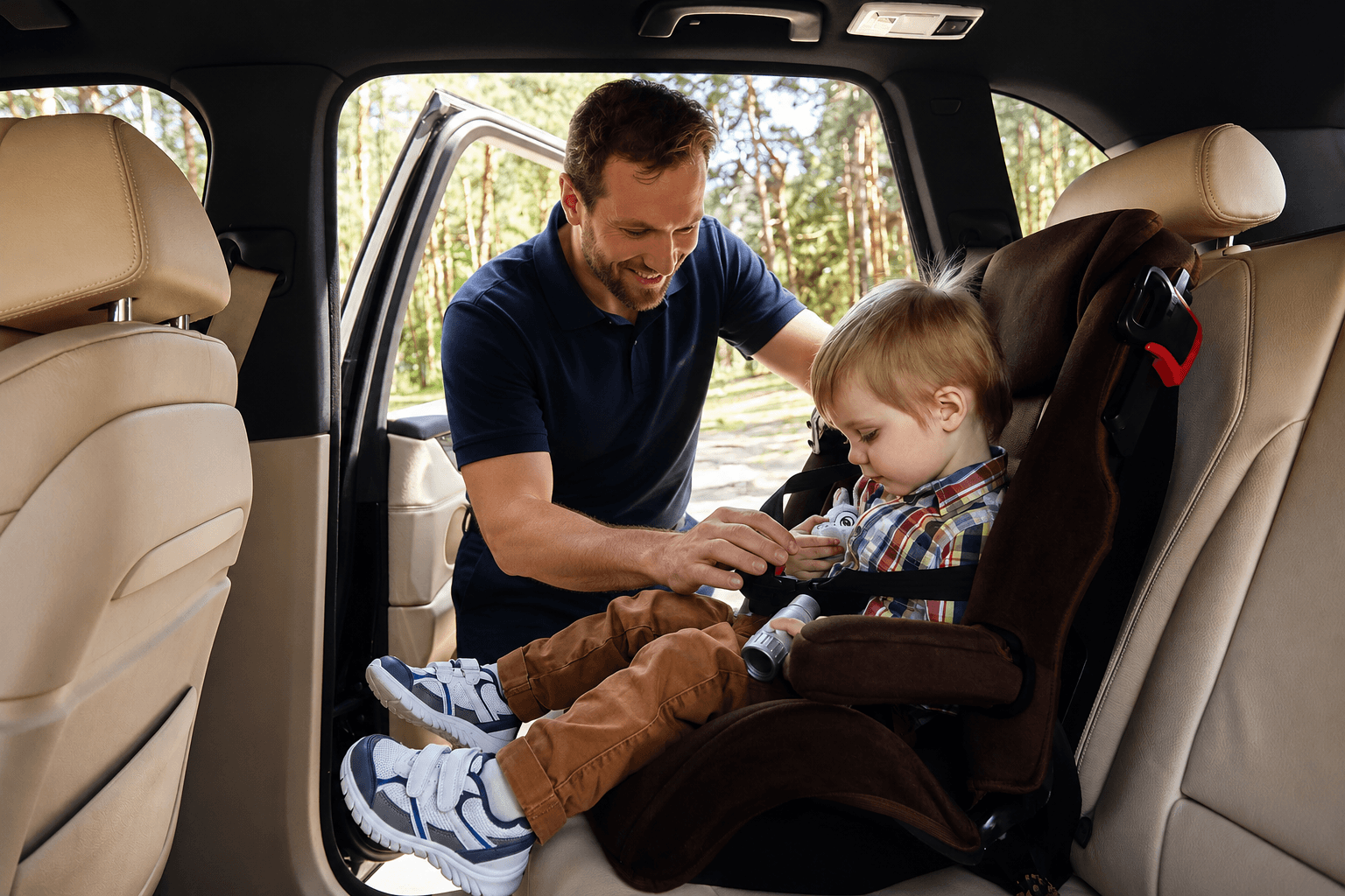 ATC driver assisting child into transport van
